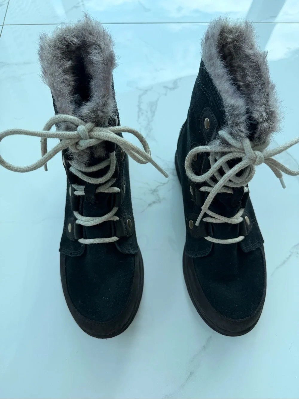 Sorel Black Suede Lace-Up Winter Boot with Faux Fur Trim